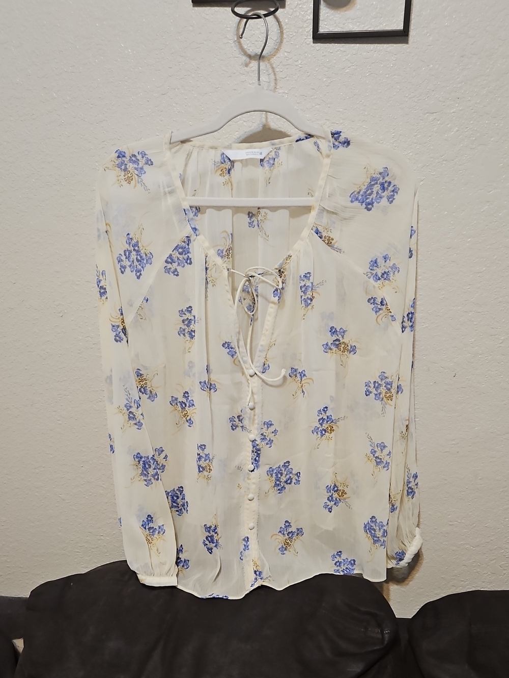 Zara Cream Sheer Floral Tie-Front Blouse with Blue and Gold Print